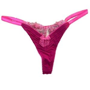 NWT For Love & Lemons Pink Berry Lace Bow Pleated Thong Panty XS Lingerie New